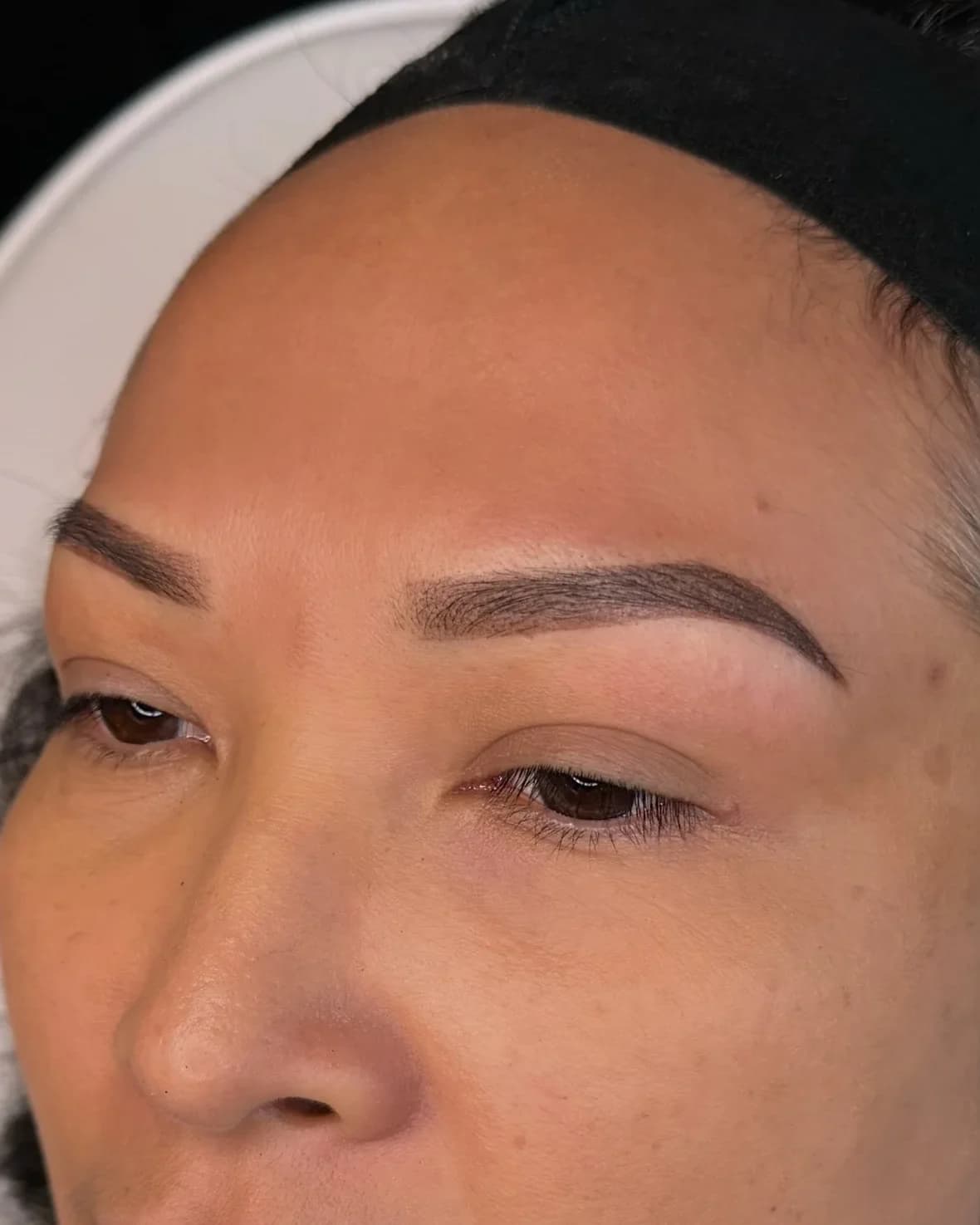 Freshly finished ombre powder brows with a soft, defined arch