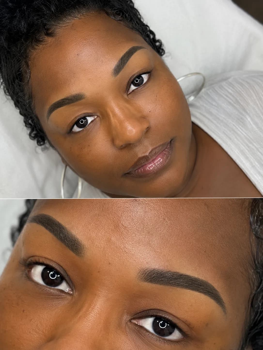 Client before permanent brows, above the same client's healed ombre powder brows after the appointment