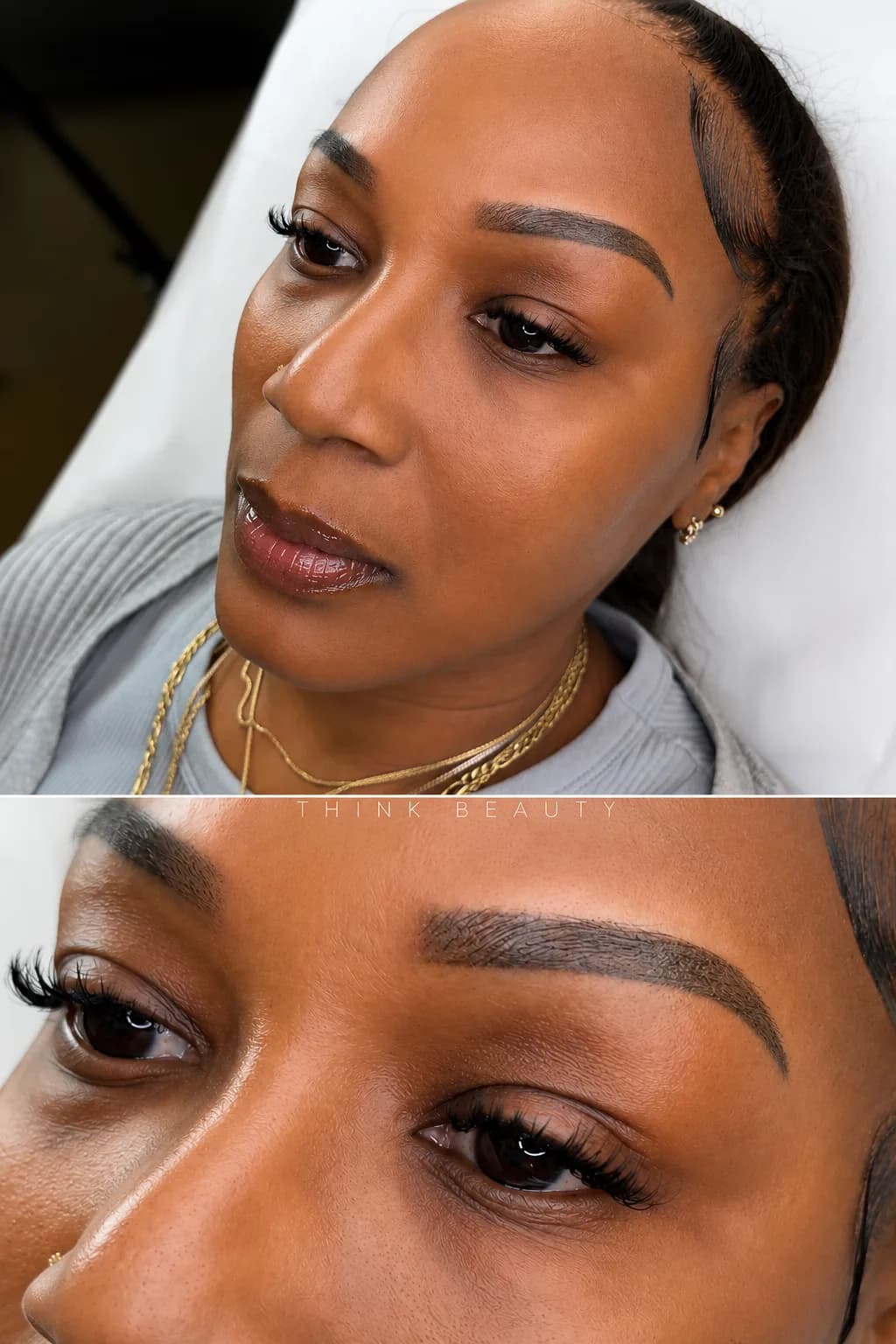 Client with sparse brows before, above the same client's fuller, defined permanent brows after