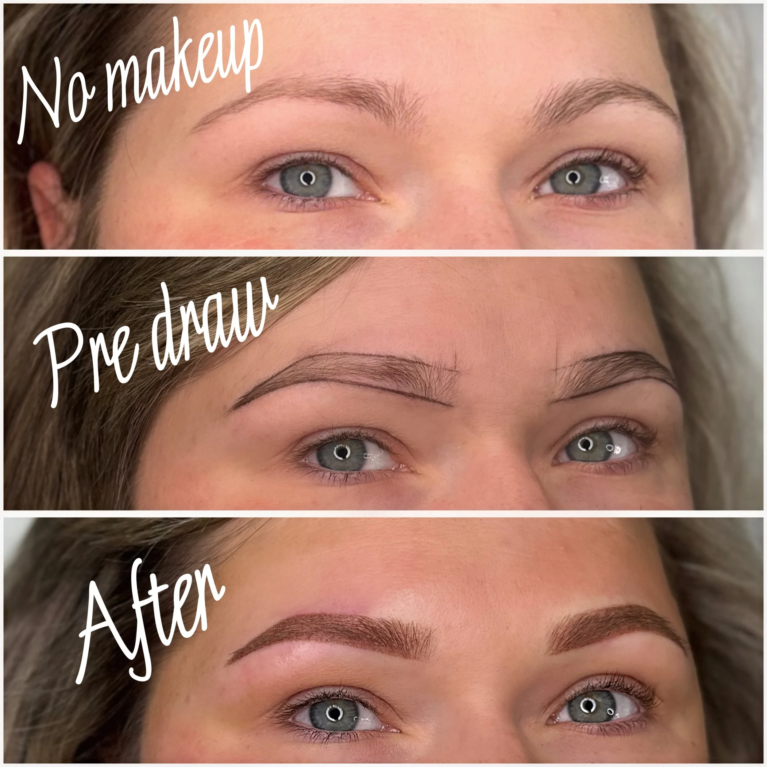 Brows shown at three stages: no makeup, pre-draw, and healed