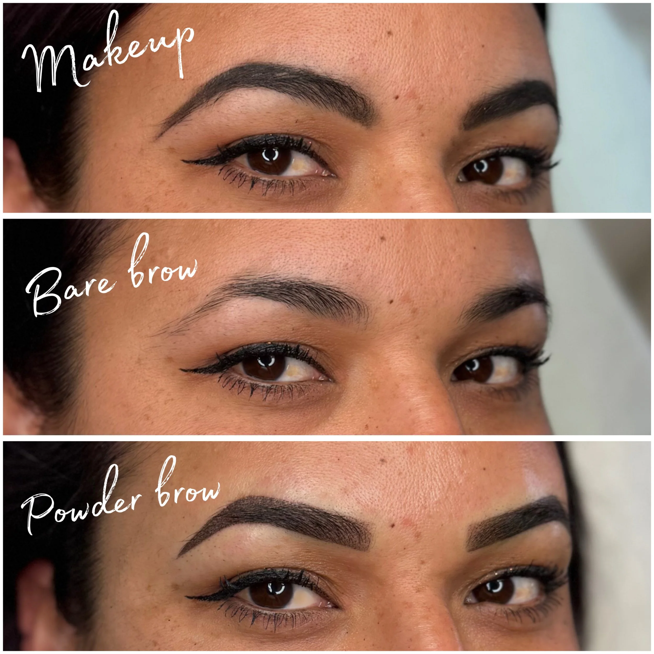 Brows compared across makeup, bare, and powder brow