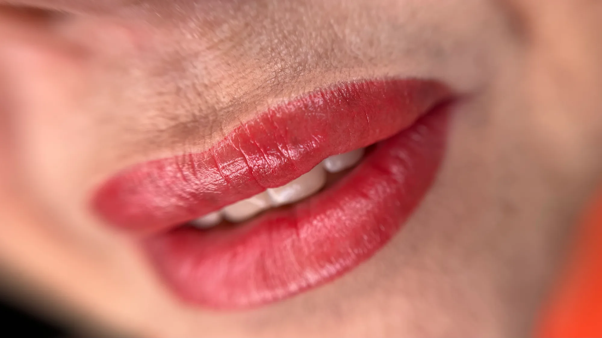 Healed lip blush photographed in close detail